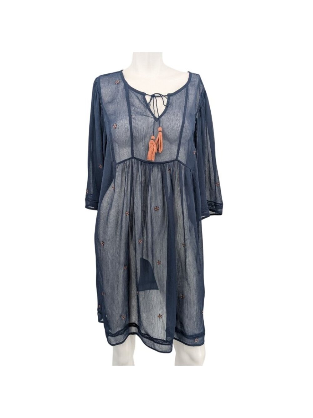 Lucky Brand Sheer Floral Embroider Tunic Dress Tassel Tie Cottage Overlay Large
